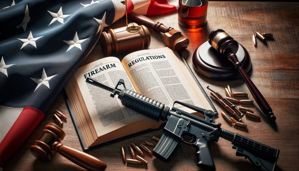 a table setting with a law book open to a chapter titled 'Firearm Regulations', an American flag, and a gavel