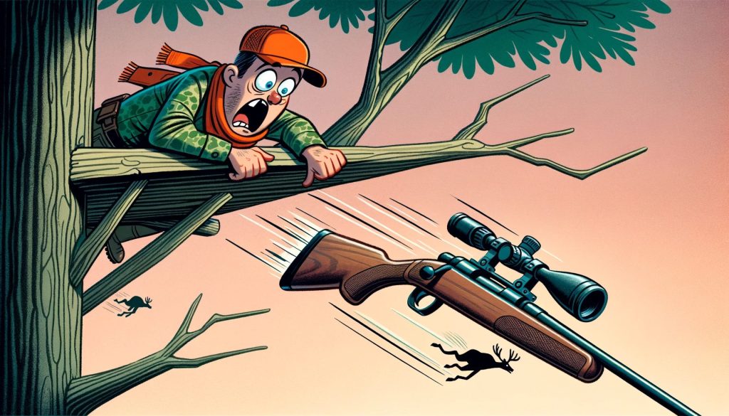 hunter-dropping-rifle-from-tree-stand