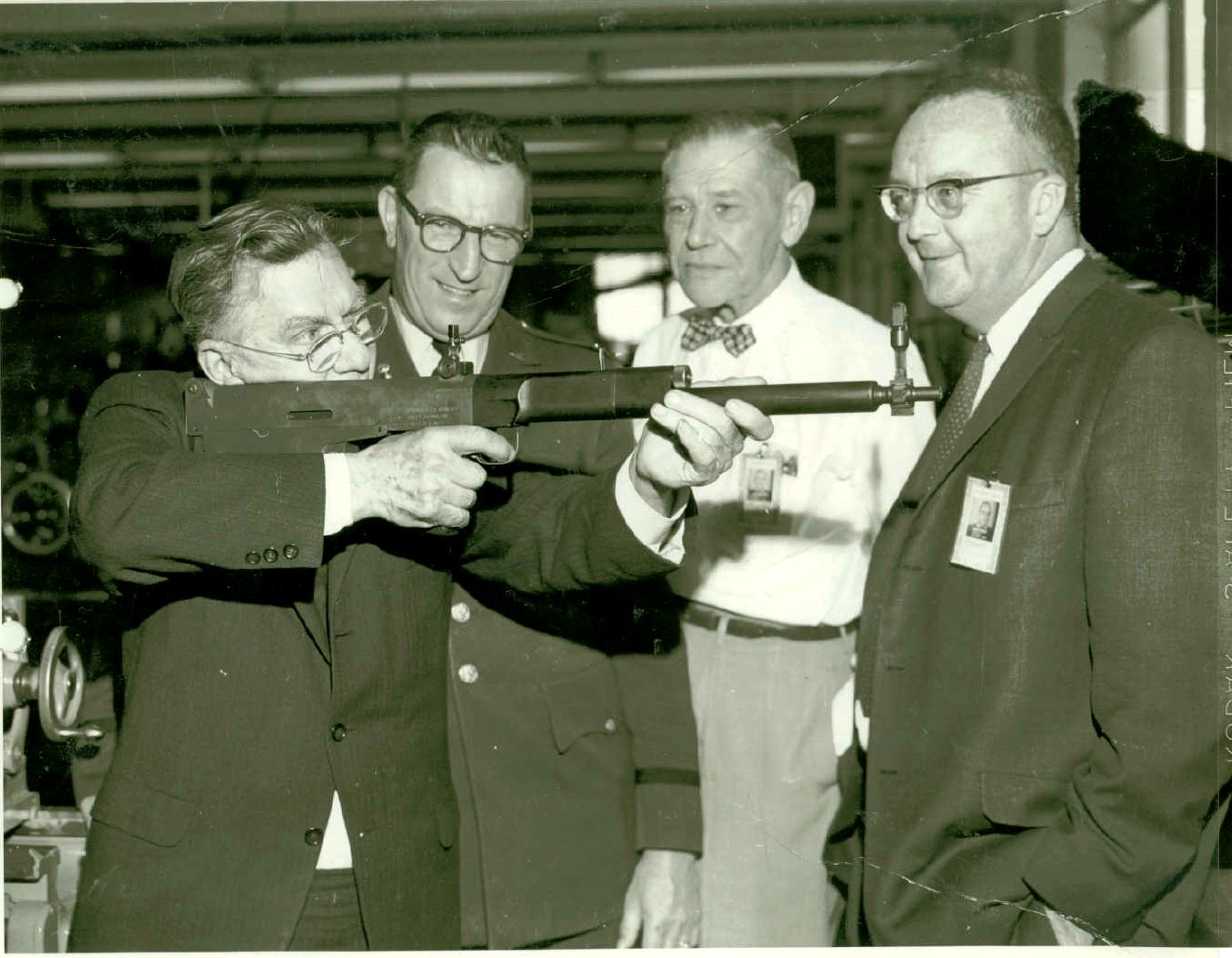 John C. Garand shouldering the T31 bullpup rifle design