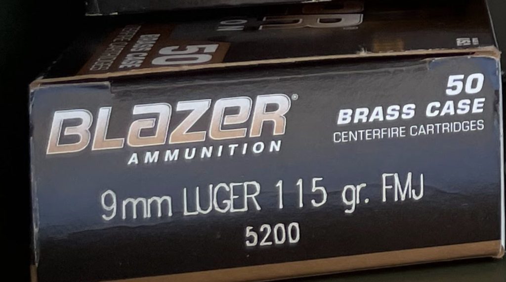 Box of Blazer Ammunition, 9mm Luger 115 grain FMJ, model 5200, Brass Case, Centerfire Cartridges