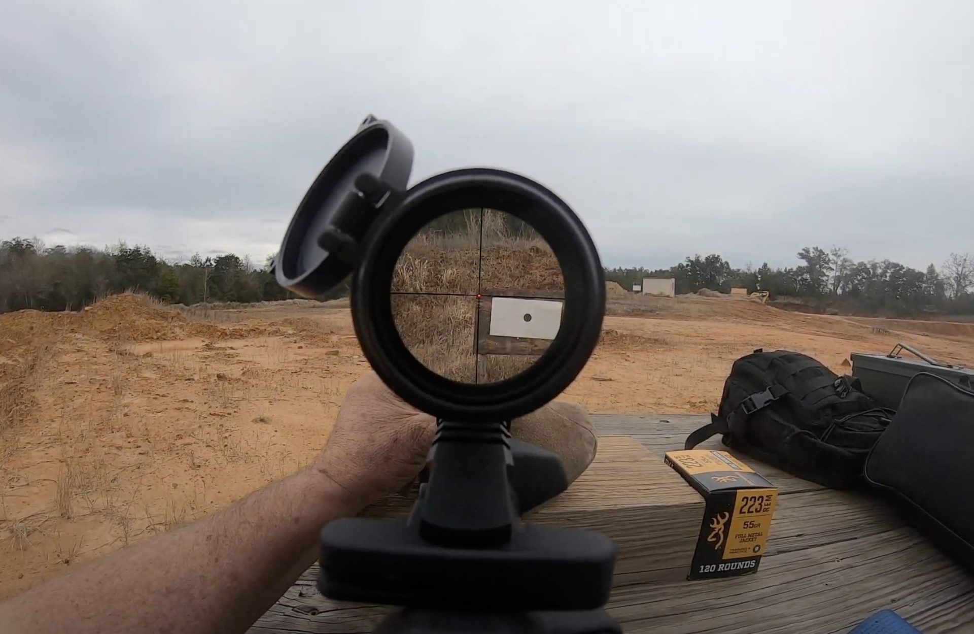 Sight picture of Primary Arms SLx 1-6x24 ACSS Nova red dot LPVO scope