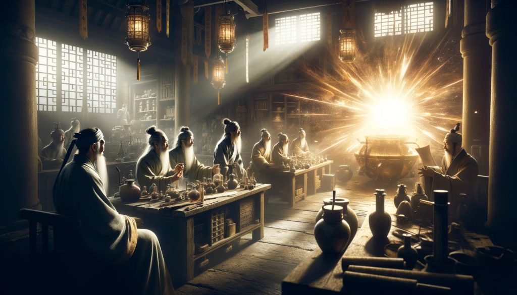 Concept art showing the discovery of gunpowder in 9th-century China