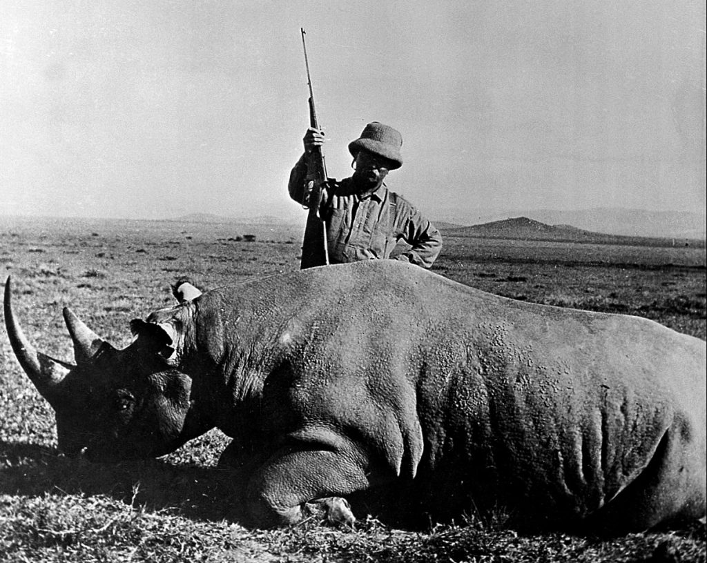 Theodore Roosevelt in 1909, beside a rhinoceros.