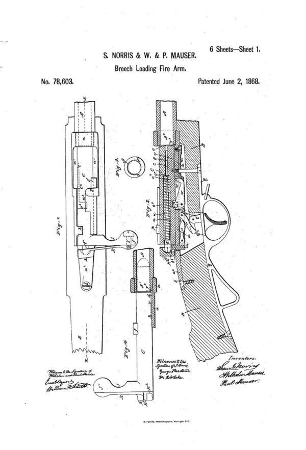1868 Norris and Mauser patent drawing of a breech-loading firearm mechanism, signed by Wilhelm and Paul Mauser