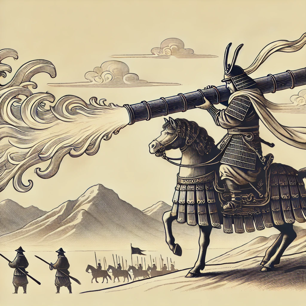 Concept illustration of a Chinese soldier using a fire lance from horseback